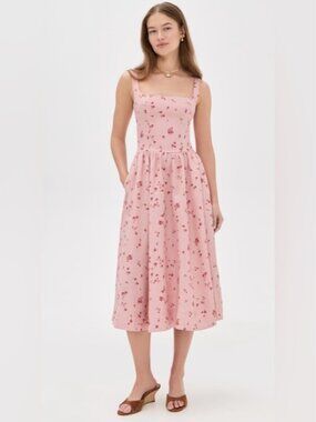 NEW Reformation Janu Midi Linen Dress Noelia Pink Floral | US 4 UK 8